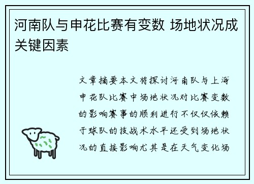 河南队与申花比赛有变数 场地状况成关键因素