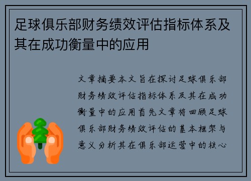 足球俱乐部财务绩效评估指标体系及其在成功衡量中的应用 足球俱乐部财务绩效评估指标体系及其在成功衡量中的应用